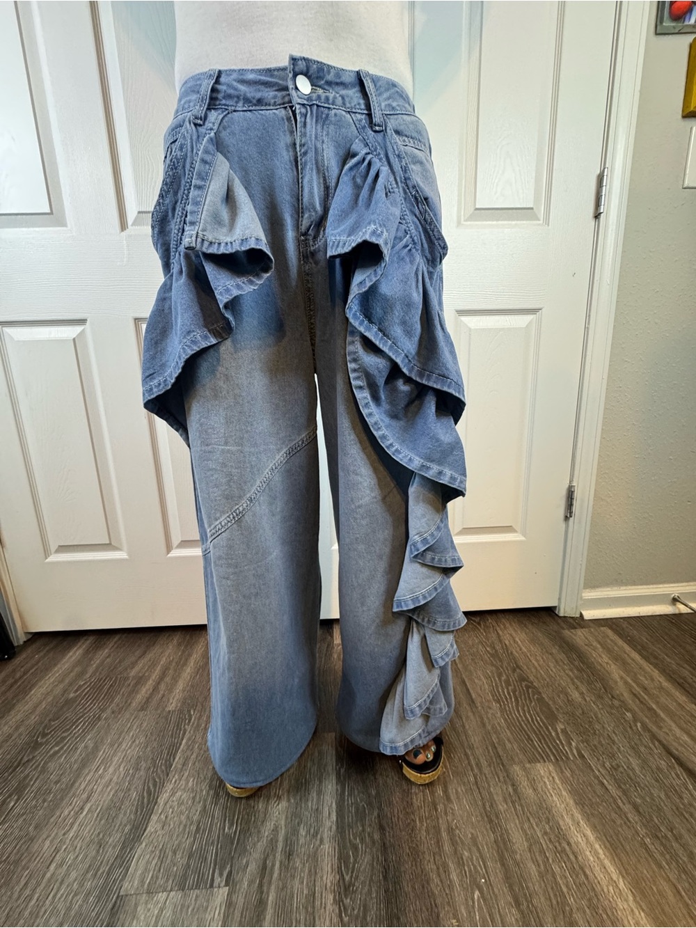 Blue Denim Ruffle Wide-Leg Jeans - Blue Size L